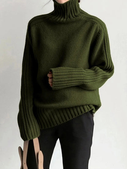 "Pull col roulé côtelé pour femme, en coton doux, manches longues, avec un design élégant et décontracté."