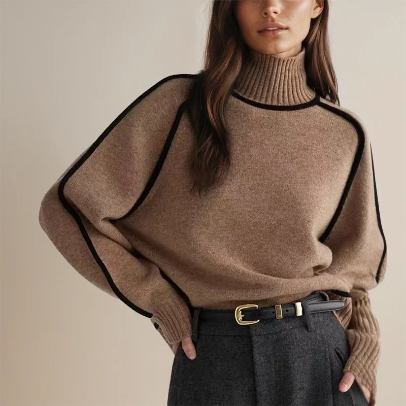 Pull col roulé femme brun avec bordure contrastée, en matière douce, au design classique pour un usage quotidien.