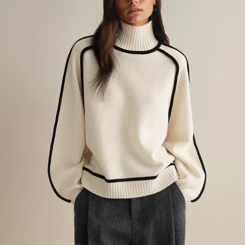 Pull col roulé femme en tricot doux, avec bordure contrastée aux manches et au bas. Couleur : brun.