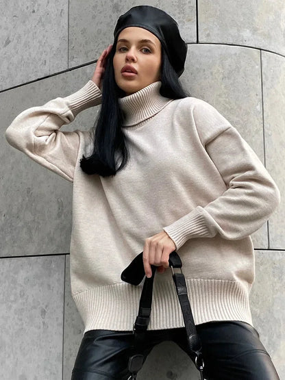 Pull col roulé jaune pour femme, en mélange de coton, à manches longues et coupe décontractée.