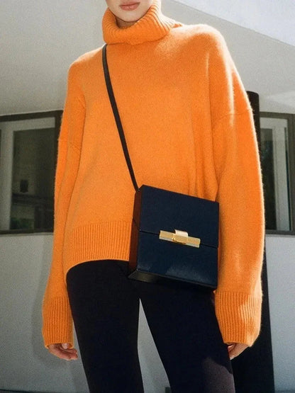 Pull col roulé jaune pour femme, manches longues, en mélange de coton doux et respirant.
