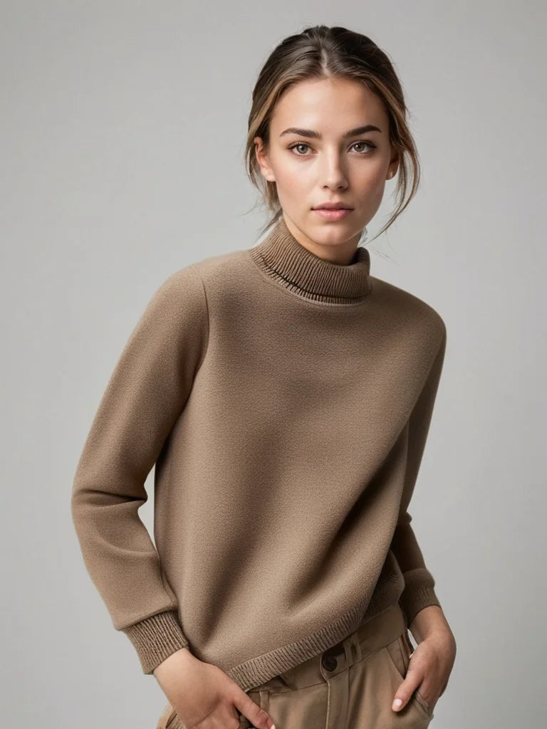 Pull à col roulé femme en maille douce beige, à manches longues et coupe ajustée.