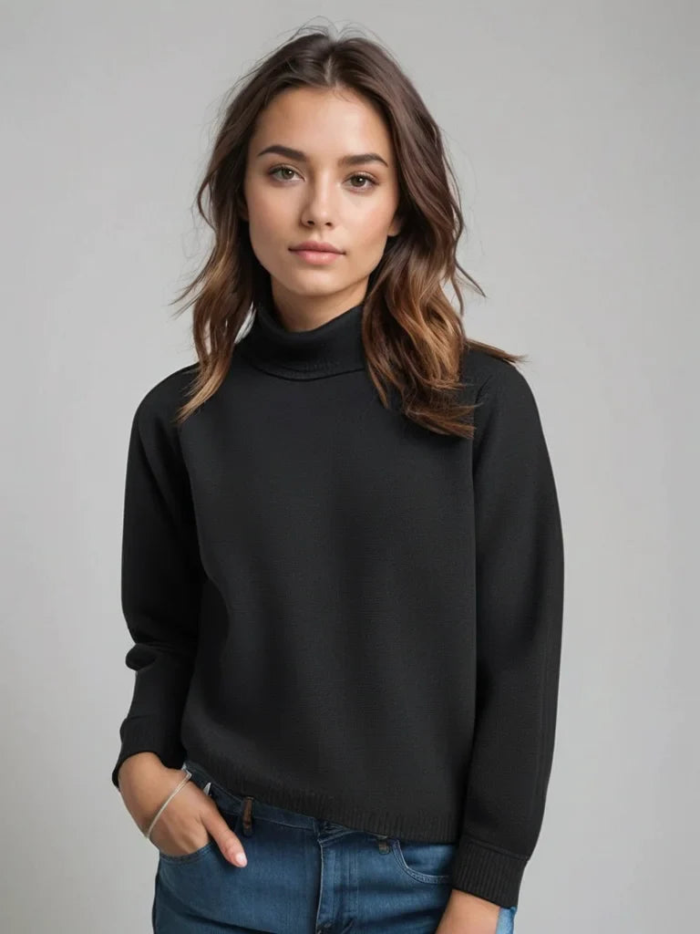 Pull à col roulé femme en maille douce beige, avec un design classique et un tricot fin pour un confort optimal.
