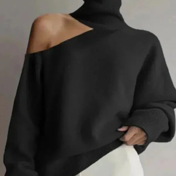 Pull col roulé noir, épaule dénudée, manches longues, en tricot doux et respirant pour l'automne.