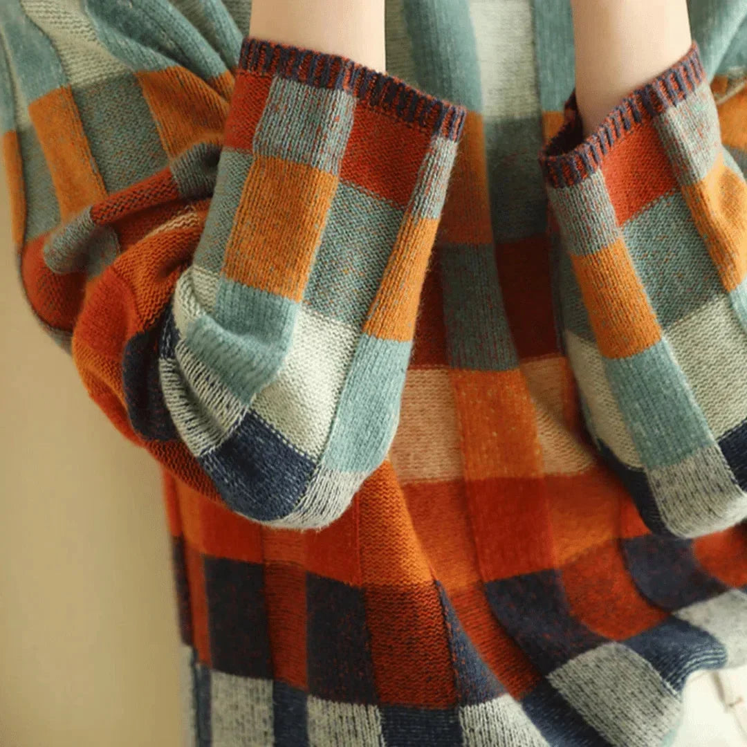 Pull à col roulé multicolore femme en coton mélangé, design patchwork, manches longues.