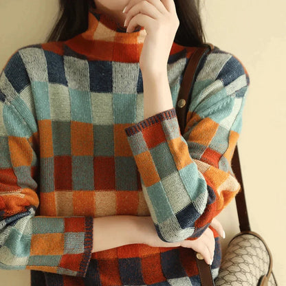 Pull à col roulé multicolore pour femme, en mélange de coton, design patchwork, adapté pour les journées fraîches.