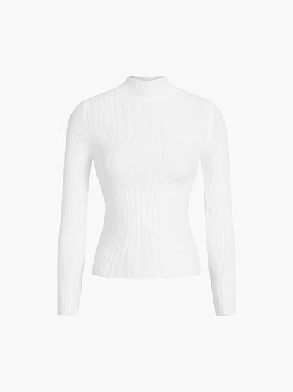 Pull côtelé femme à col montant en ivoire, en coton doux et respirant.