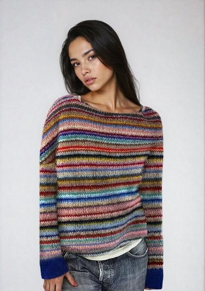 Maglione Donna Collo Barca Maglia Rigata Stile Retrò - Vesarelli