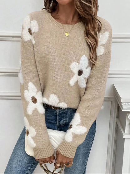 Pull femme à col rond, motif floral, en mélange de coton, coupe confortable.