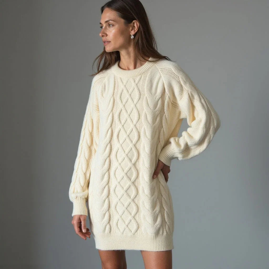 Pull femme crème à col rond, en tricot avec motif torsadé.