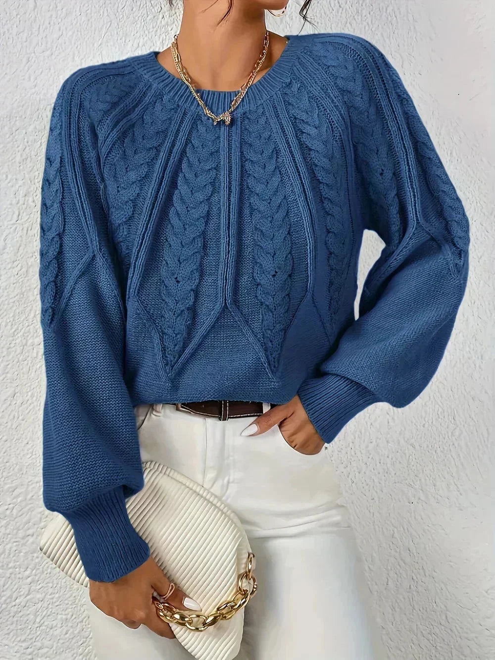 Pull femme vert clair à motif torsadé, manches longues, en coton doux et respirant.