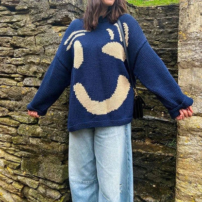 Maglione Donna Oversize Motivo Smiley Manica Lunga - Vesarelli