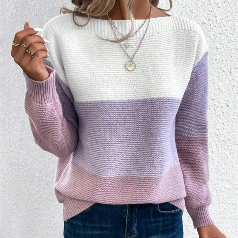 Pull femme tricolore en maille patchwork, design décontracté avec motifs uniques, couleur verte.