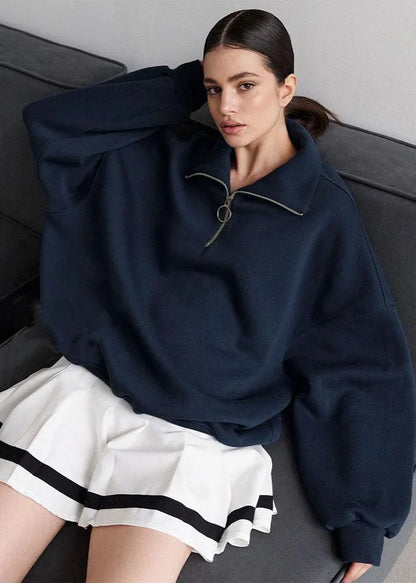 Pull à fermeture éclair bleu marine en coton, coupe décontractée pour le quotidien et les loisirs.