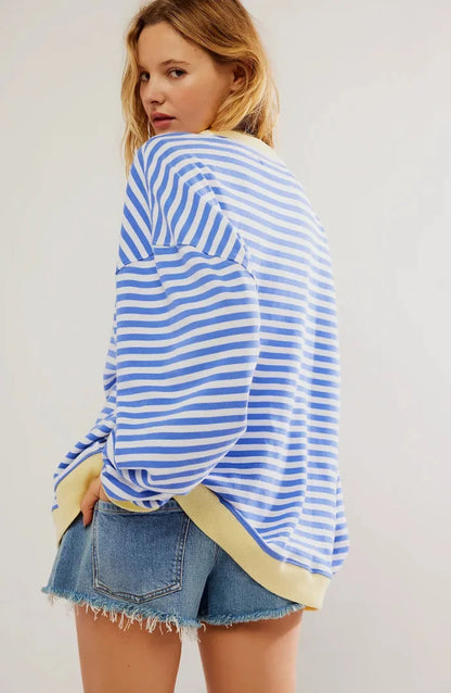 Pull décontracté femme à rayures vertes et roses, coupe ample en mélange de coton.