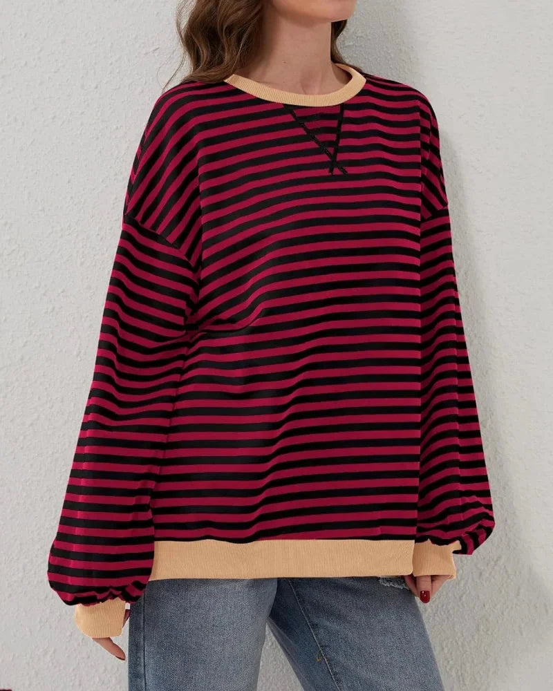 Pull rayé oversize femme en mélange de coton, couleur bleue, conçu pour un style décontracté.