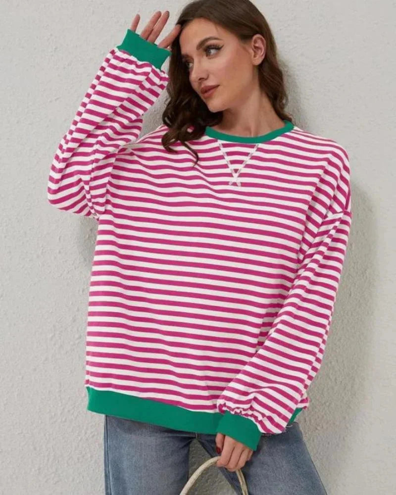 Pull rayé oversize femme en coton doux, couleur vin, pour un style décontracté au quotidien.