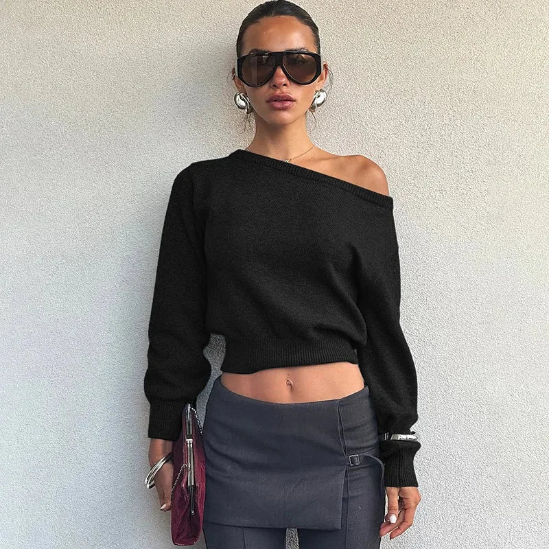 Pull à une épaule pour femmes en coton doux, coupe décontractée, couleur abricot, adapté pour l'automne.