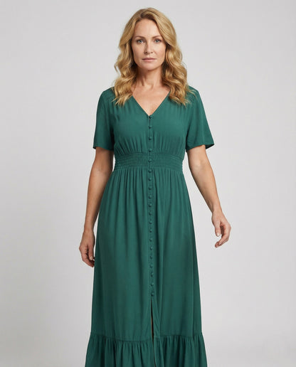 Abito Maxi Donna con Bottoni e Volant a Balze