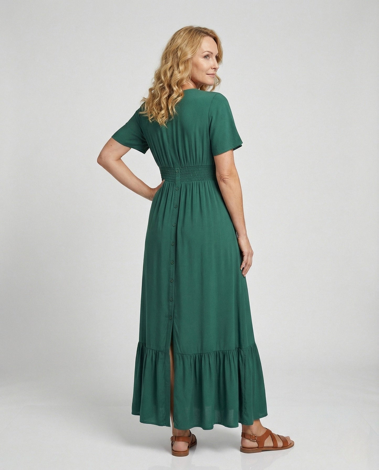 Abito Maxi Donna con Bottoni e Volant a Balze