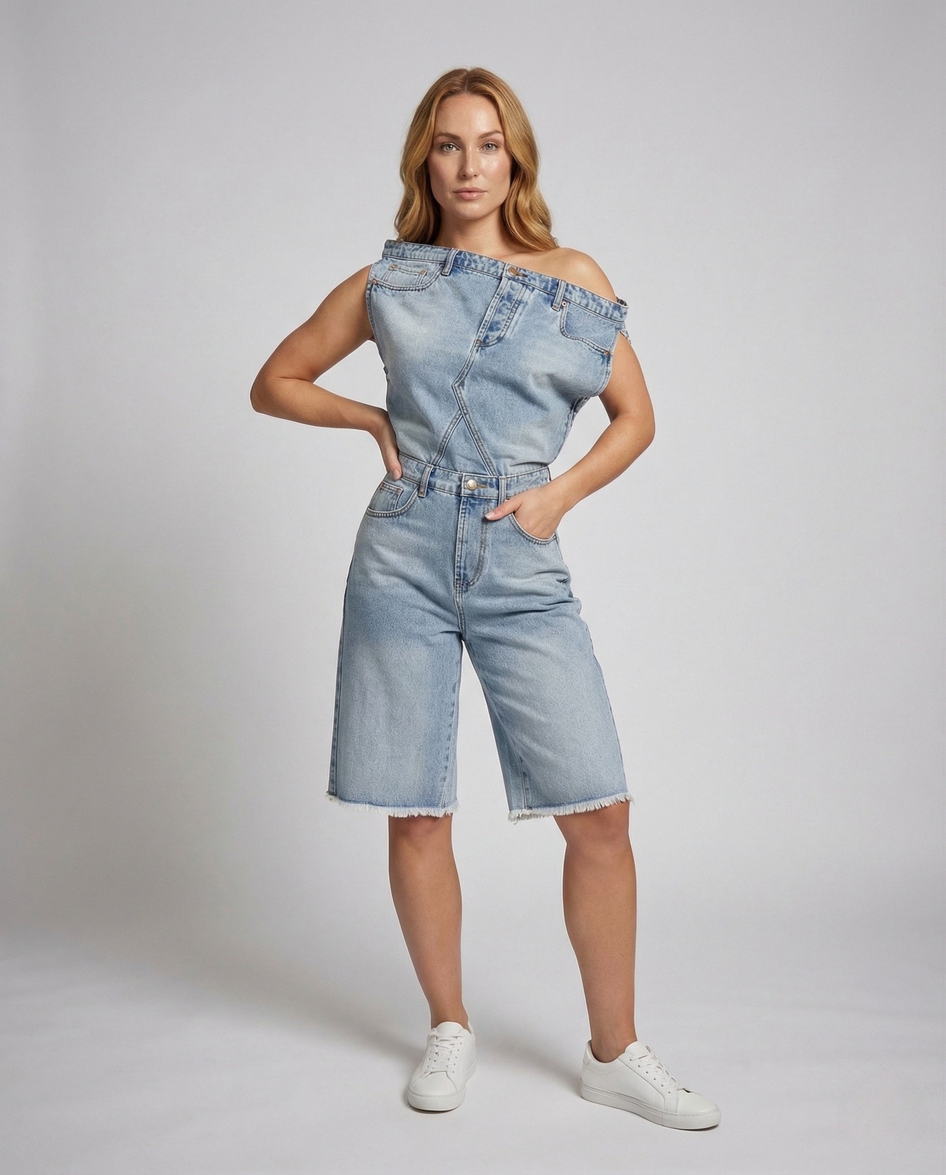 Tuta Jeans Donna Asimmetrica Scollo Carmen - Brentozzi