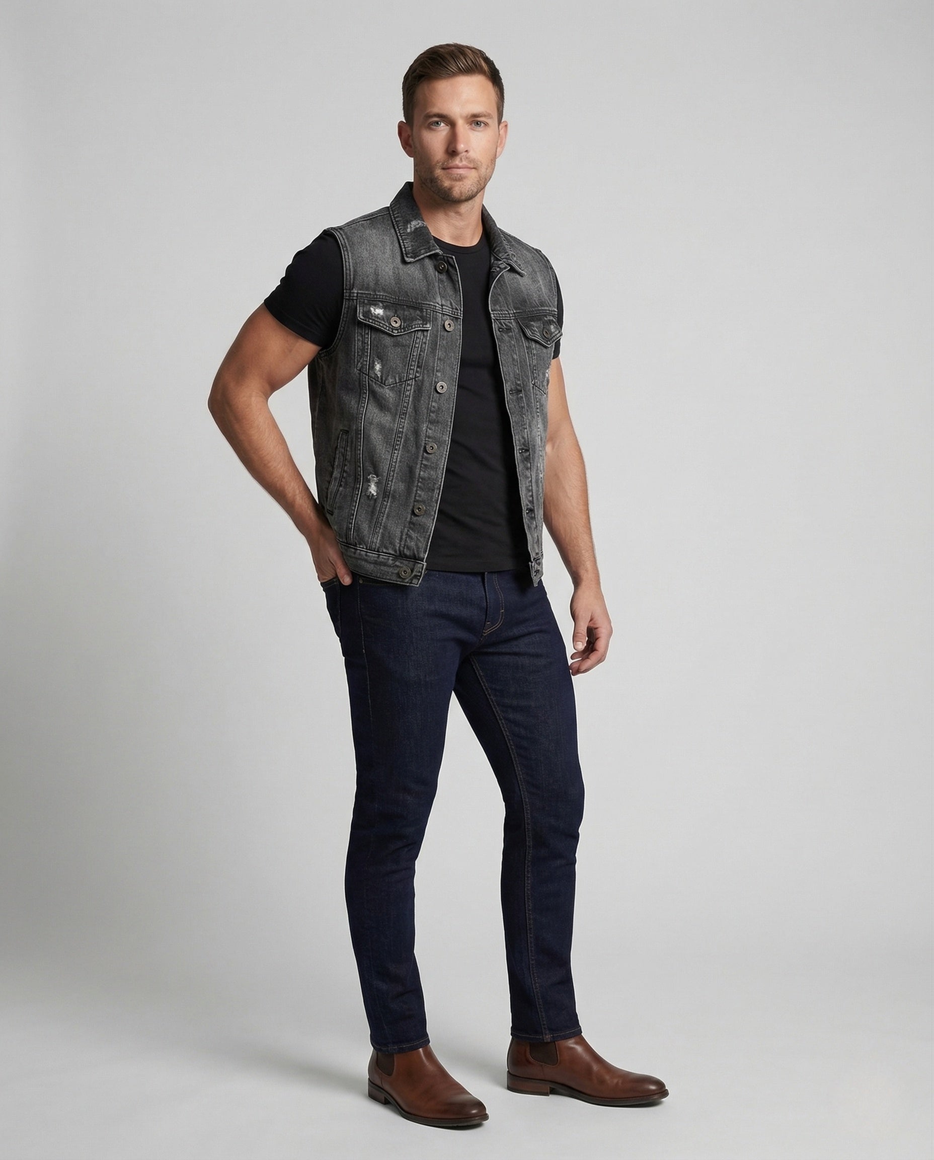 Gilet Uomo in Denim con Ricamo Slim Fit - Brentozzi