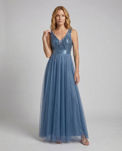 Abito da Sera Donna Bustier Ricamato Gonna in Tulle - Brentozzi