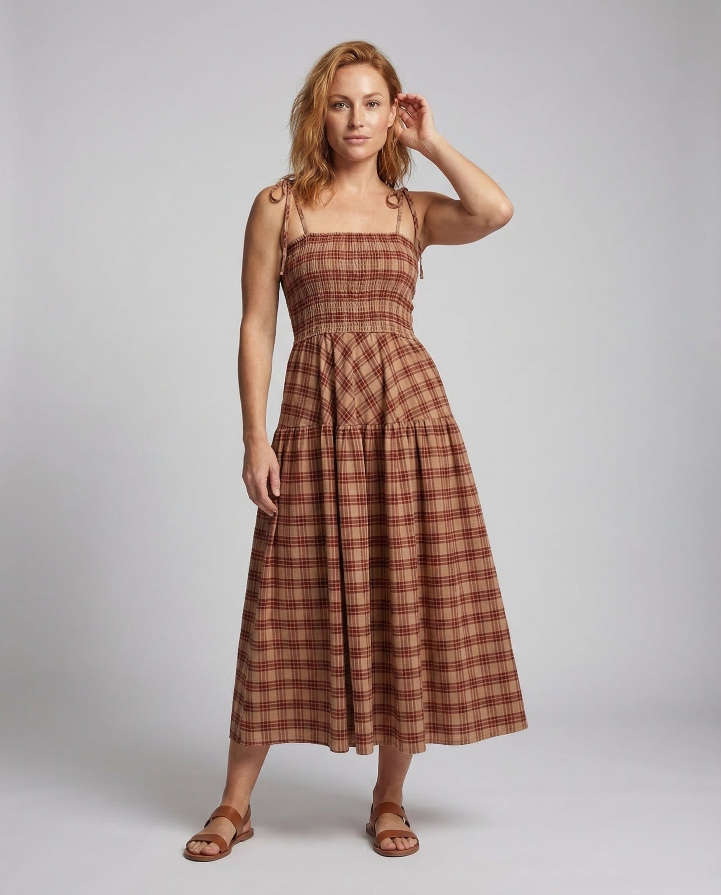 Abito Maxi Donna in Cotone Fantasia Quadri Scollo Elastico - Brentozzi