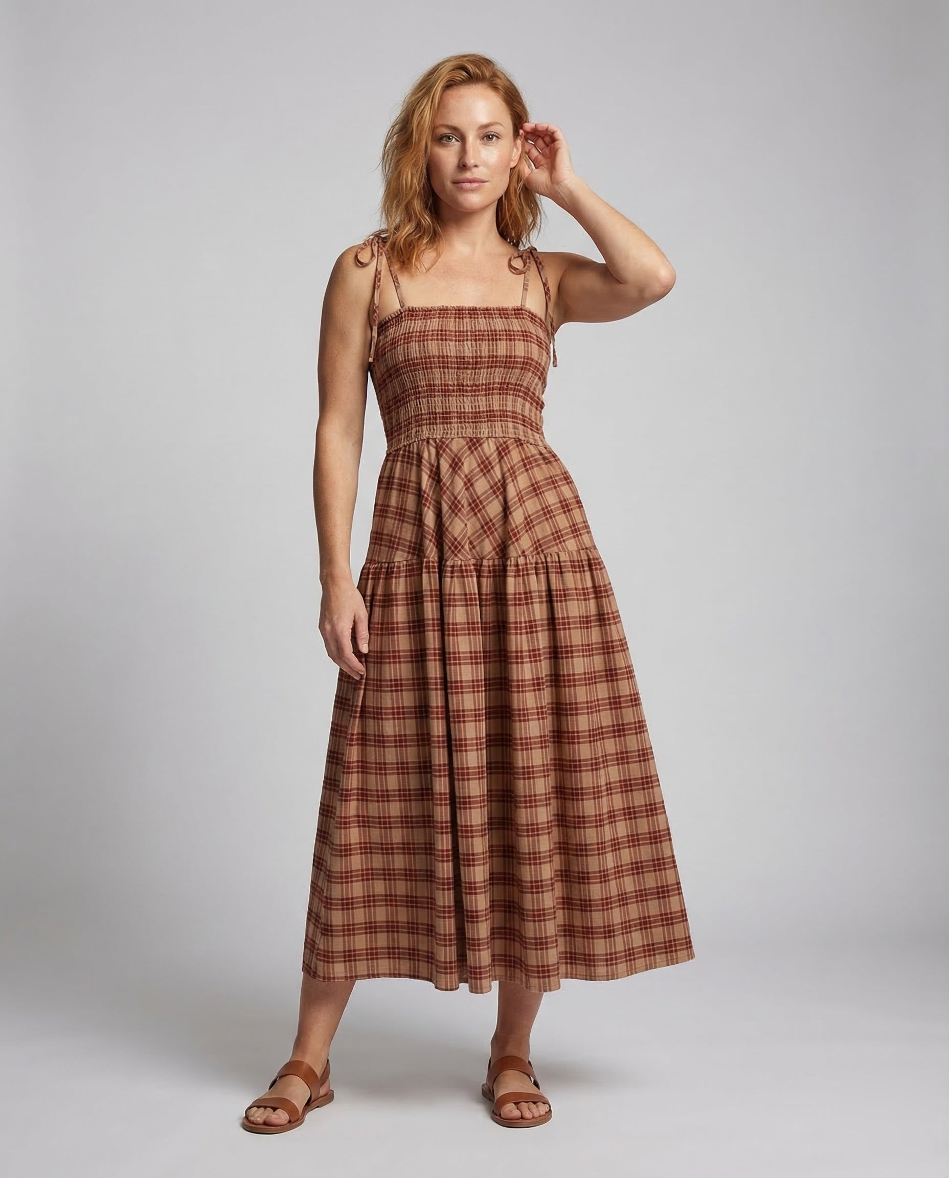 Abito Maxi Donna in Cotone Fantasia Quadri Scollo Elastico - Brentozzi