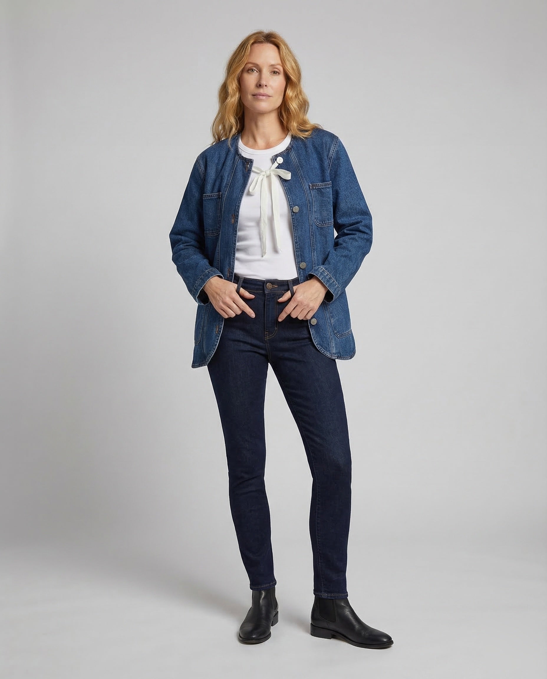 Camicia Jeans Donna Senza Colletto Girocollo Slim - Brentozzi