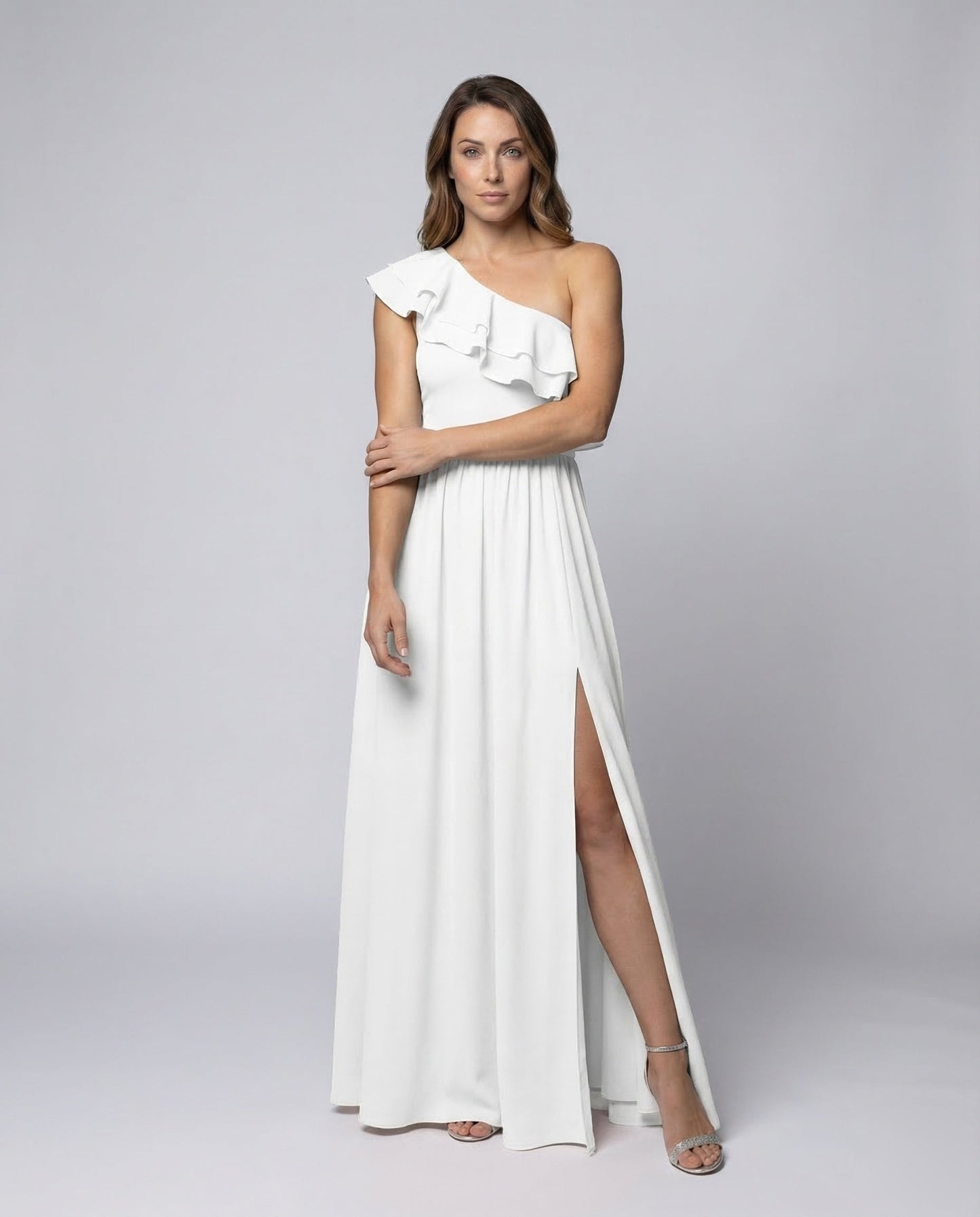 Abito Maxi Donna Spalle con Volant Spacco Laterale - Brentozzi