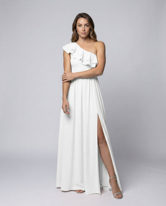 Abito Maxi Donna Spalle con Volant Spacco Laterale - Brentozzi