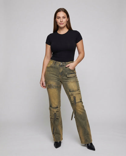 Jeans Donna a Zampa con Tasche Cargo e Fibbia - Brentozzi