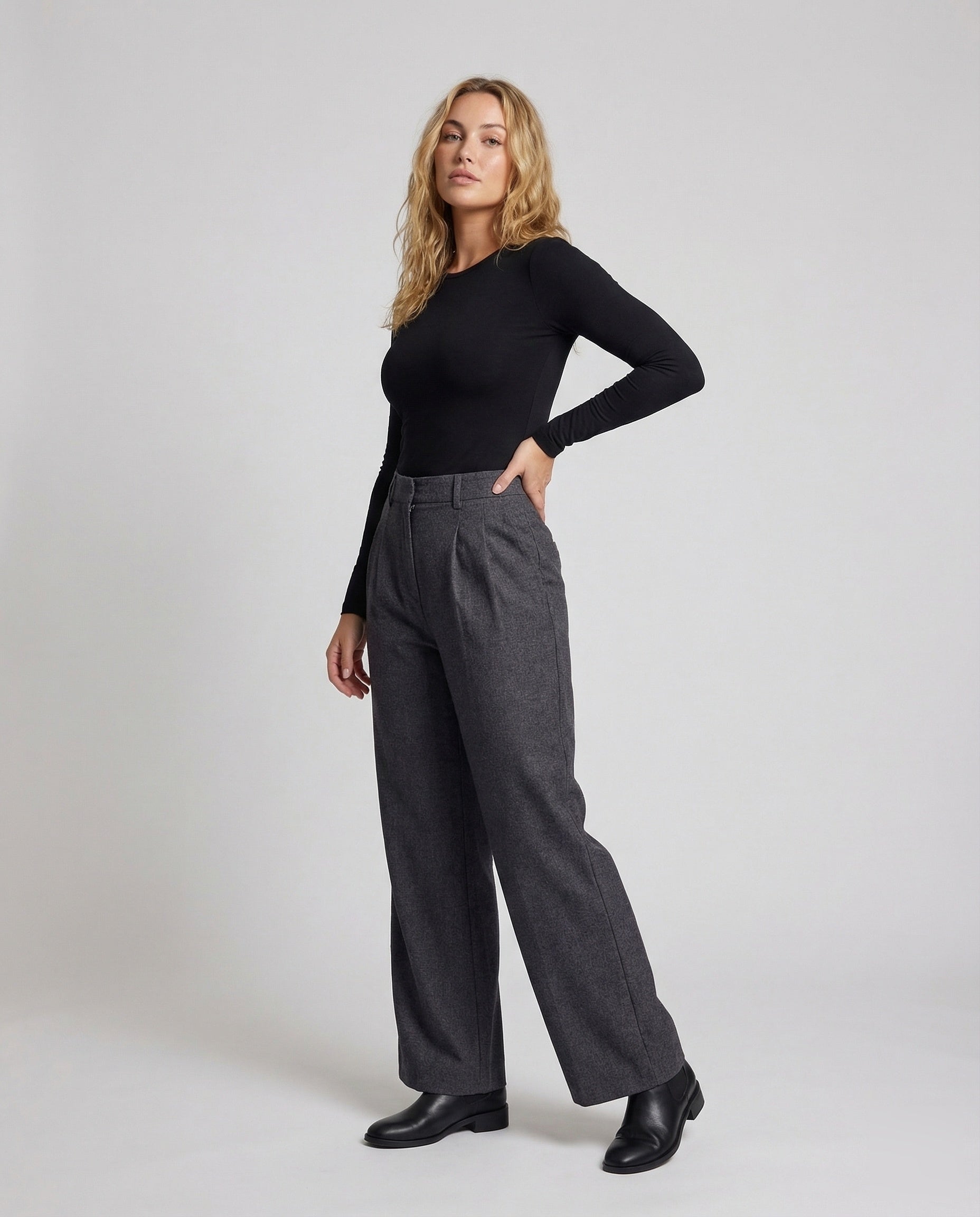 Pantaloni Donna in Misto Lana Twill Vita Pieghe - Brentozzi