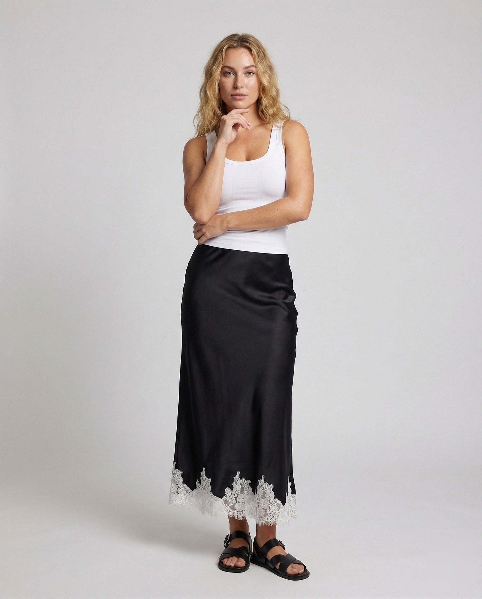 Gonna Donna Satinata Linea A con Bordo in Pizzo - Brentozzi
