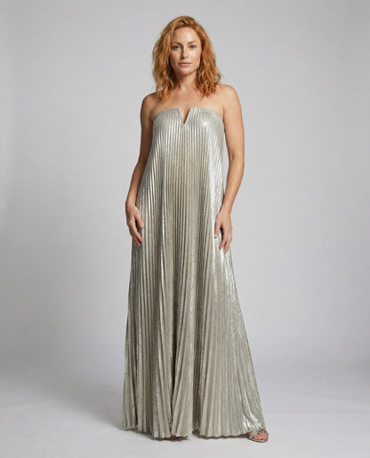 Abito Maxi Donna Plissettato Senza Spalline Elegante - Brentozzi