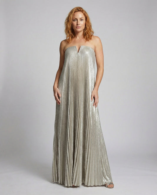 Abito Maxi Donna Plissettato Senza Spalline Elegante - Brentozzi