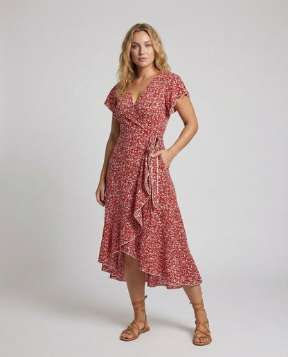 Damen Wickel-Midikleid Asymmetrischer Stufen-Saum - Brentozzi