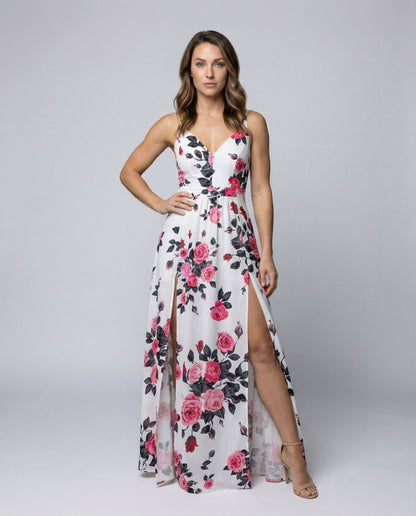 Abito Maxi Donna in Chiffon Fluido Spacco Frontale - Brentozzi