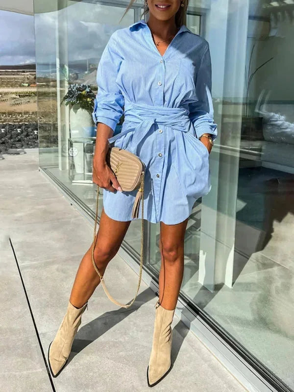 Robe chemise courte en coton, ceinturée, à manches réglables, idéale pour le bureau ou un look décontracté au quotidien.
