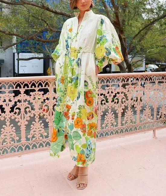 Abito Midi Donna con Stampa Floreale e Maniche Voluminose - Vesarelli