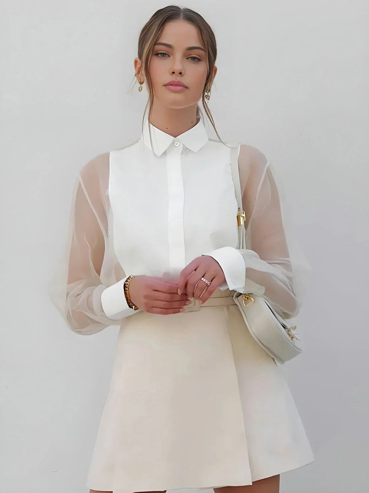 Abito Corto Donna Maniche Trasparenti Collo Camicia - Vesarelli