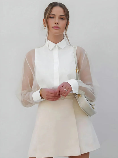 Abito Corto Donna Maniche Trasparenti Collo Camicia - Vesarelli