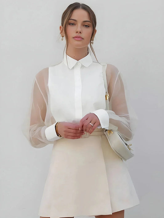 Abito Corto Donna Maniche Trasparenti Collo Camicia - Vesarelli