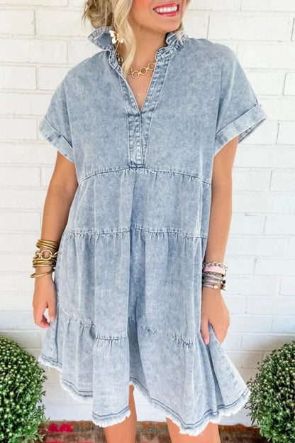 Abito Corto Donna in Denim Scollo a V Manica Corta Estivo - Vesarelli