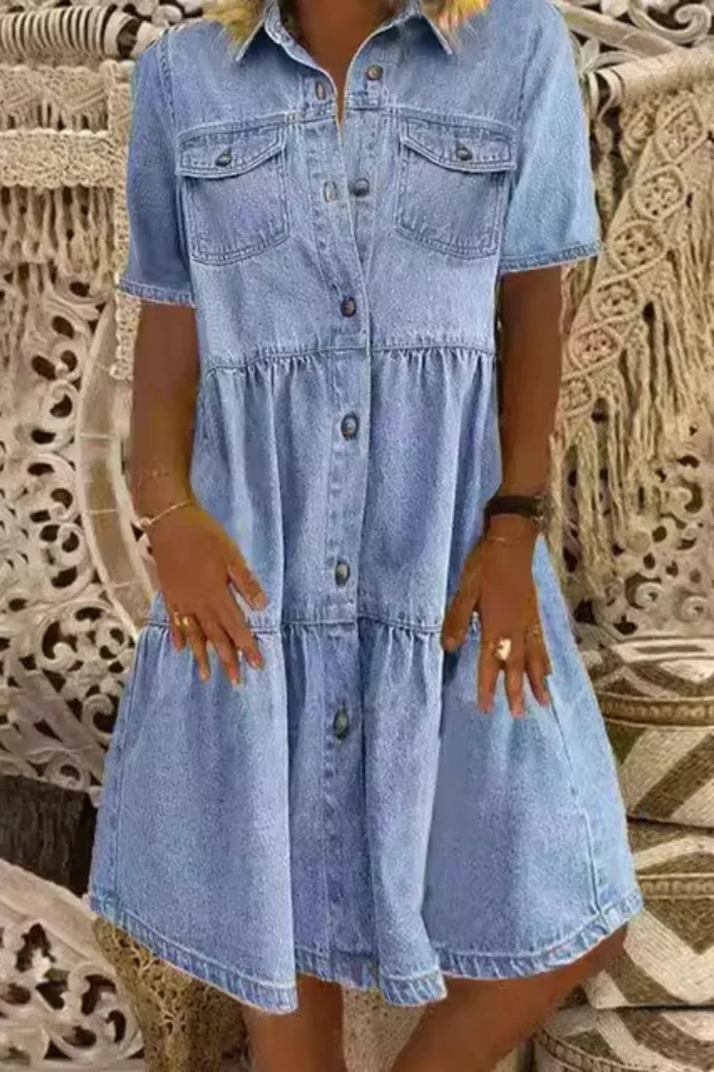 Abito Corto Donna in Denim con Tasche e Bottoni - Vesarelli