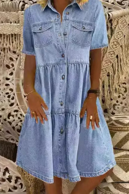 Abito Corto Donna in Denim con Tasche e Bottoni - Vesarelli