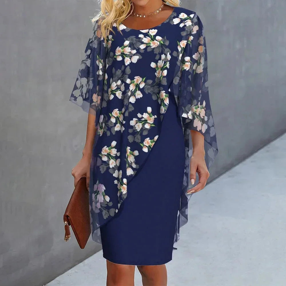 Abito Corto Donna con Sovrapposizione Trasparente Stile Floreale - Vesarelli