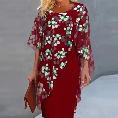 Robe courte transparente avec manches chauve-souris, motifs floraux, idéale pour des événements quotidiens, en tissu léger.