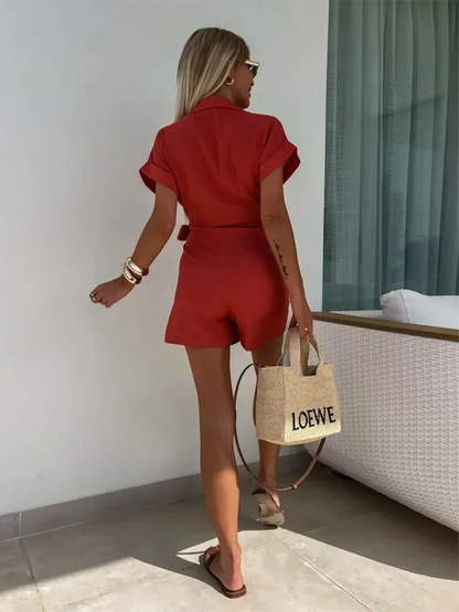 Robe courte portefeuille avec manches courtes, col V, ceinture, en tissu fluide, idéale pour l'été, disponible en plusieurs…